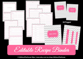 Grey Chevron & Pink Recipe Binder - EDITABLE - 54 Sheets - INSTANT DOWNLOAD