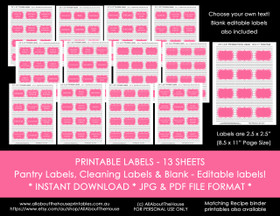 Printable pantry, cleaning, contents & blank editable labels - grey chevron & Pink