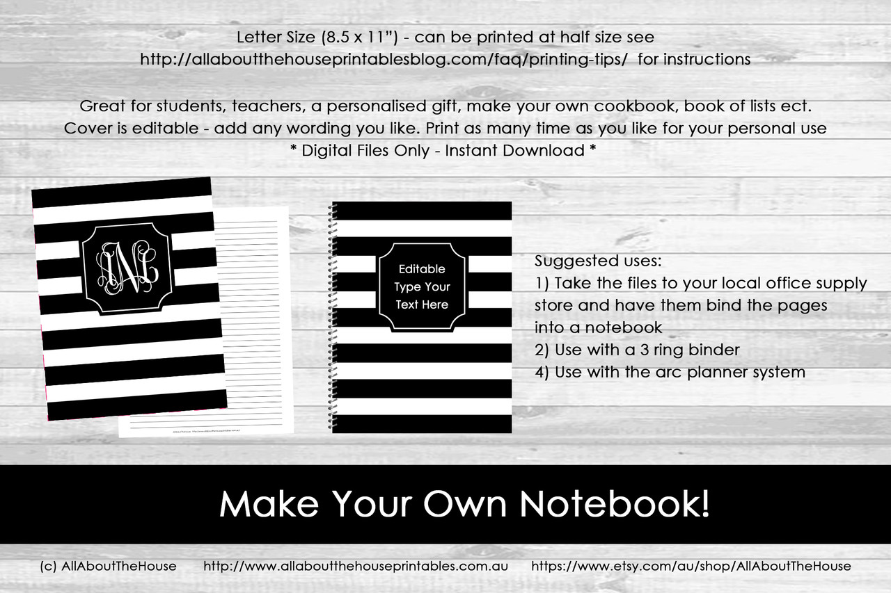 Editable Monogram Binder Covers Black All About Planners