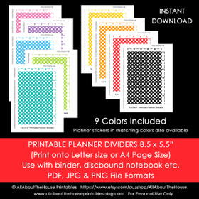 Planner Dividers Half Size Tabbed A5 Junior Arc Printable Binder Covers & tabs - Instant Download