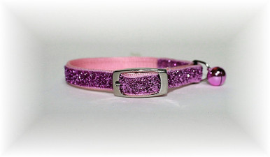 Safety Cat Collar made of strong nylon webbing and covered with a metallic infused glitter fabric and matching bell attached.