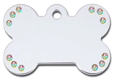 Polished Chrome Bone Dog ID tag with Austrian Crystal Accents will accommodate up to 4 lines of engraving with up to 15 characters (including spaces) per line on both sides.