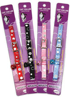 Reflective Safety Stretch Cat Collars in 3 fabulous reflective styles with  bubbles.    Collar colors are black, red, pink anbd blue.  Unlike the snap closure of the breakaway collar, this collar has a buckle with an elastic piece attached near the buckle so if your cat gets in a bind, the collar will stretch enough for a quick and safe escape.  Collars are 3/8 inch wide and fit a 10-12 inch neck size.  Bright white reflective material on each to keep kitty seen and safe. Made in the USA!ive Safety Stretch Cat Collars in Bubbles Design