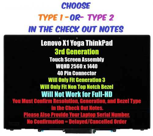 14" QHD Lenovo ThinkPad X1 Yoga 3rd Gen 20LD001HUS LCD Screen Assembly