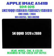 Apple iMac A1419 EMC 2834 LM270QQ1 SDB1 SD B1 IPS Retina 5K LCD Screen Assembly