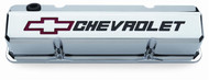 Chevrolet Small-Block V-8, 1958-1986 - Slant-Edge Die-Cast Valve Covers - Chrome, recessed red/black logo