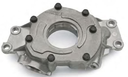 LS production-style gerotor-type oil pump modified to maintain oil pressure at high rpm’s for engines using a conventional wet-sump lubrication system.