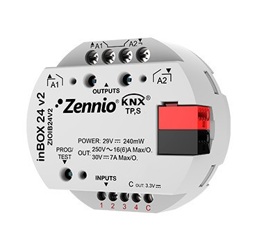 inBOX 24 v2 - Multifunction actuator for flush mounting with 2 outputs (16 A C-Load) and 4 analog-digital inputs