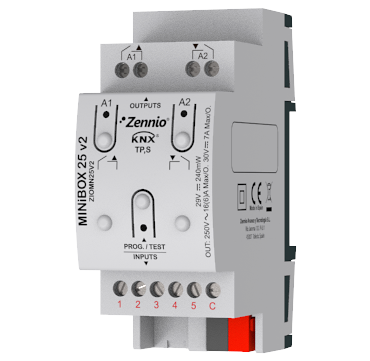 MINiBOX 25 v2 - Multifunction actuator with 2 outputs (16 A) and 5 analog-digital inputs