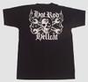 Cool pirate style print with skull, wreches and flames.