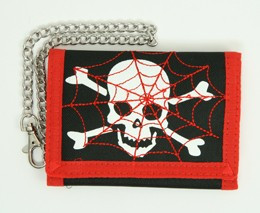 Skull spiderweb red embroidery with chain wallet