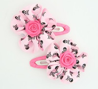 Skull L.pink flower hair clips pair