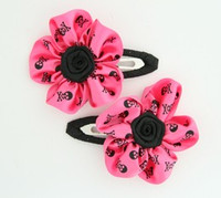 Skull D.pink flower hair clips pair