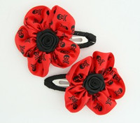 Skull red flower hair clips pair