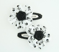 Skull white flower hair clips pair