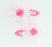 Dot white-pink flower hair clips pair