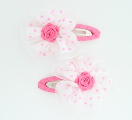 Dot white-pink flower hair clips pair