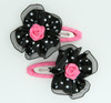 Dot black-white / pink flower hair clips pair