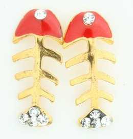 S fish skeleton red stone stud