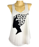 Front - Girl tank top butterflies in the hair black print on front on cream material