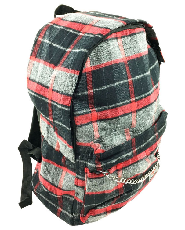 Black grey-red check rucksack