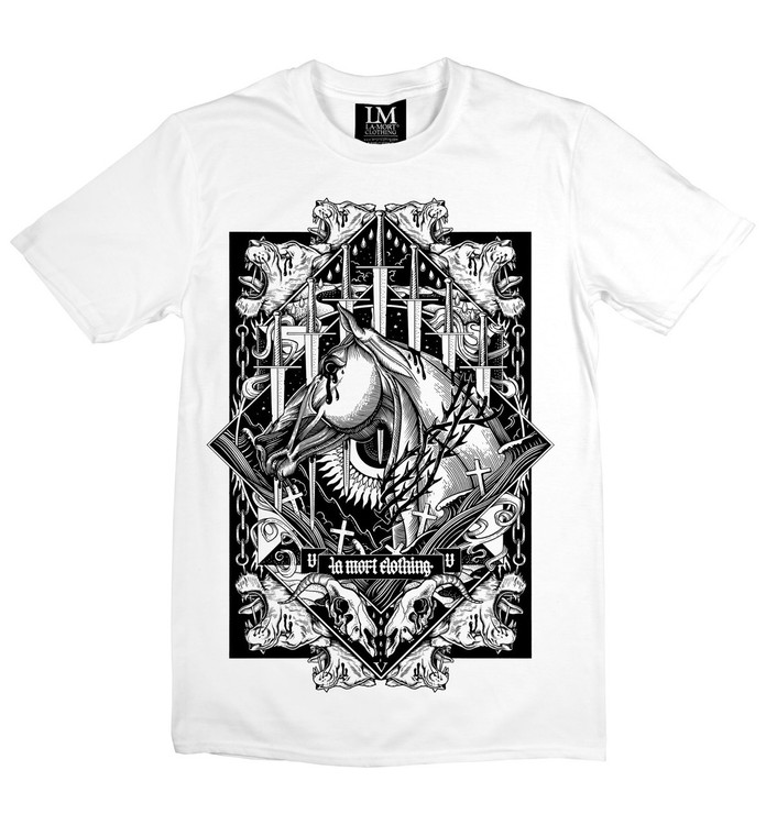 Swords and horse - black on white la mort t-shirt