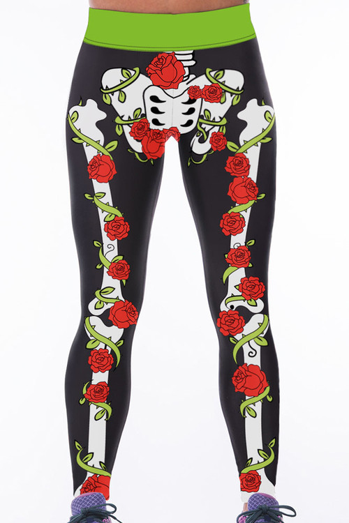 Front - Rose skeleton high waist gym yoga pants