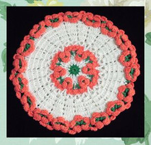 Poppy red, green and white doily