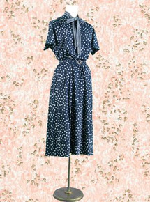Belted navy blue print dress