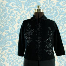 Jacket-style knit sweater, black with beaded detail -1950s