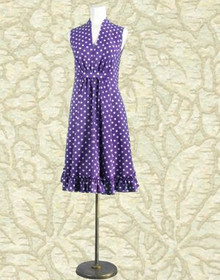 Purple polka dot dress with shawl & clutch
