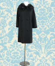 Black wool gabardine fur collared coat