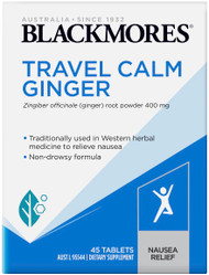 Blackmores Travel Calm Ginger taken prior to travelling, ginger may ease the symptoms of nausea and vomiting associated with motion sickness, morning sickness, and hyperemesis gravidum (severe vomiting and nausea of pregnancy)