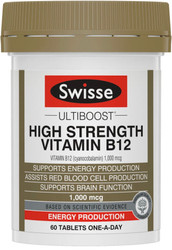 Swisse Ultiboost High Strength Vitamin B12 1000mcg supports energy production, red blood cell formation, brain function