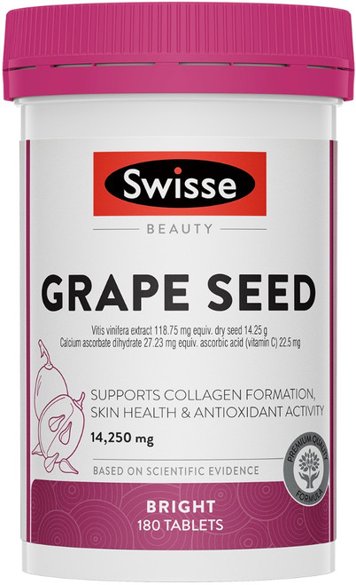 Swisse Beauty Grape Seed 14250mg supports collagen formation, provides antioxidant support and helps relieve swelling of the legs