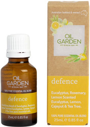 Oil Garden Defence Essential Blend Oil - Eucalyptus, Lemon Eucalyptus, Rosemary, Lemon, Cajeput & Tea Tree essential oils’ natural antibacterial properties support a healthy immune system and assist in the treatment of minor skin infections such as facial cold sores, mild acne and warts