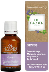 Oil Garden Stress Essential Blend Oil - the calming effects of Sweet Orange, Mandarin, Lavender, Bergamot and Cedarwood essential oils are natural sedatives during times of stress to help relieve nervous tension, headaches, fatigue and mild anxiety, providing a sense of calm and comfort