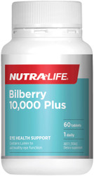 Nutra-life Bilberry Plus 10000mg high-strength eye health support formula with Bilberry, Grape seed and Lutein antioxidants to support healthy eye function and Vision