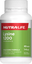 Nutra-life Lysine One-a-day cold sore formula containing 1200mg of pure Lysine relieves cold sore symptoms and supports collagen production