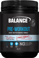 Balance Sports Nutrition Pre-Workout Fruit Punch Energy And Performance formulation contains a blend of BCAAs, Beta Alanine, Creatine, Arginine, Citrulline and Rednite Beetroot Juice Powder to act as a pre-workout catalyst and take your workouts to the next level.
