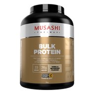 Musashi Bulk Protein Vanilla for body builders and athletes looking to maximise muscle growth and replenish glycogen stores providing protein to build muscle mass