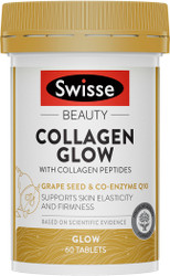 Swisse Beauty Collagen Glow With Collagen Peptides supports collagen production and integrity, plus skin elasticity and firmness. Also contains antioxidants, which help reduce free radical damage to body cells
