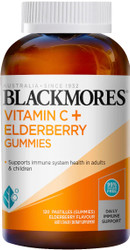 Blackmores Vitamin C plus Elderberry Gummies contains Vitamin C which helps to maintain healthy immune system function and elderberry, an additional source of Vitamin C