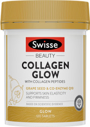 Swisse Beauty Collagen Glow With Collagen Peptides supports collagen production and integrity, plus skin elasticity and firmness. Also contains antioxidants, which help reduce free radical damage to body cells