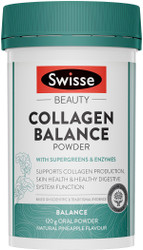 Swisse Beauty Collagen Balance Powder with Supergreens and Enzymes supports collagen production, skin repair and digestive system function