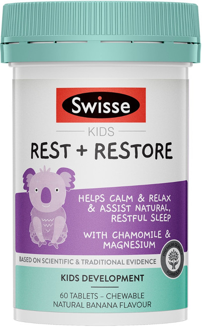Swisse Kids Rest + Restore contains Chamomile to calm and relax the mind and support sleeping patterns for a natural, restful sleep. Plus magnesium to maintain muscle relaxation