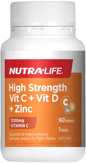 Nutra-Life High Strength Vit C + Vit D + Zinc combines a high strength 1200mg dose of Vitamin C with Vitamin D & Zinc to help enhance & support immune system function