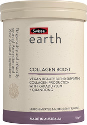 Swisse Earth Collagen Boost is a plant-based wellness blend that supports skin health and assists collagen formation