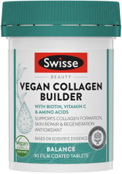 Swisse Beauty Vegan Collagen Builder supports collagen formation and skin health and is both vegan and halal-certified