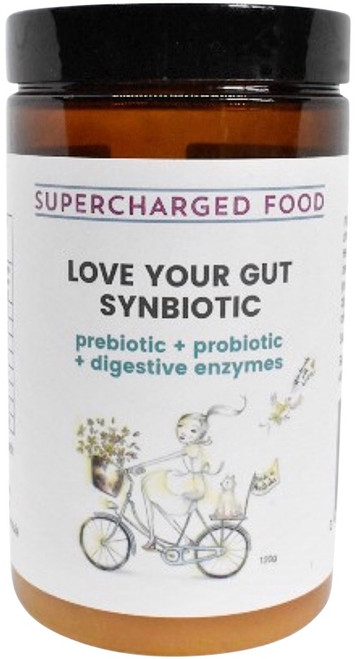 Supercharged Food Love Your Gut Synbiotic populates your gut microbiome with quality probiotics, feeds the microflora with prebiotics, and supports the digestive system with dietary fibre and digestive enzymes to facilitate a postbiotic environment